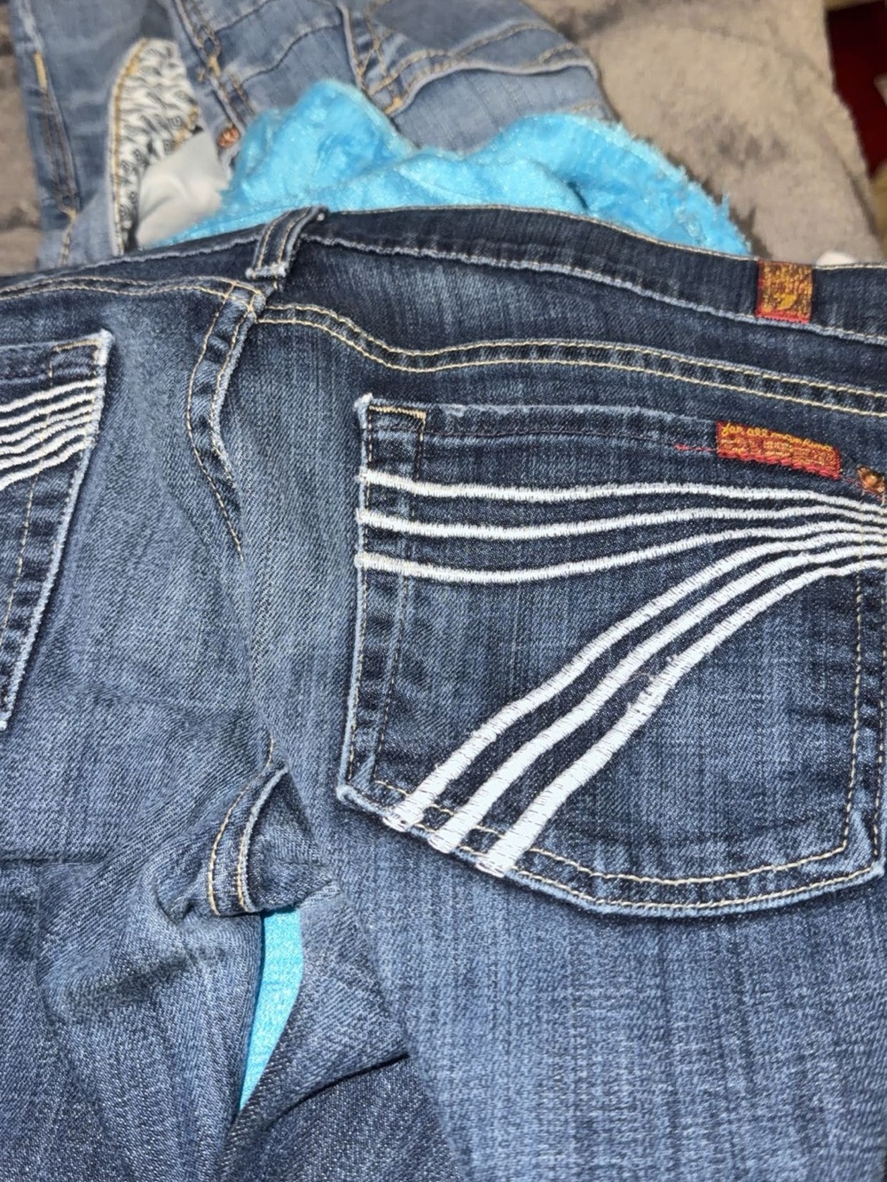 7 For All Mankind Dark Blue Boot-Cut Jeans with White Stitching